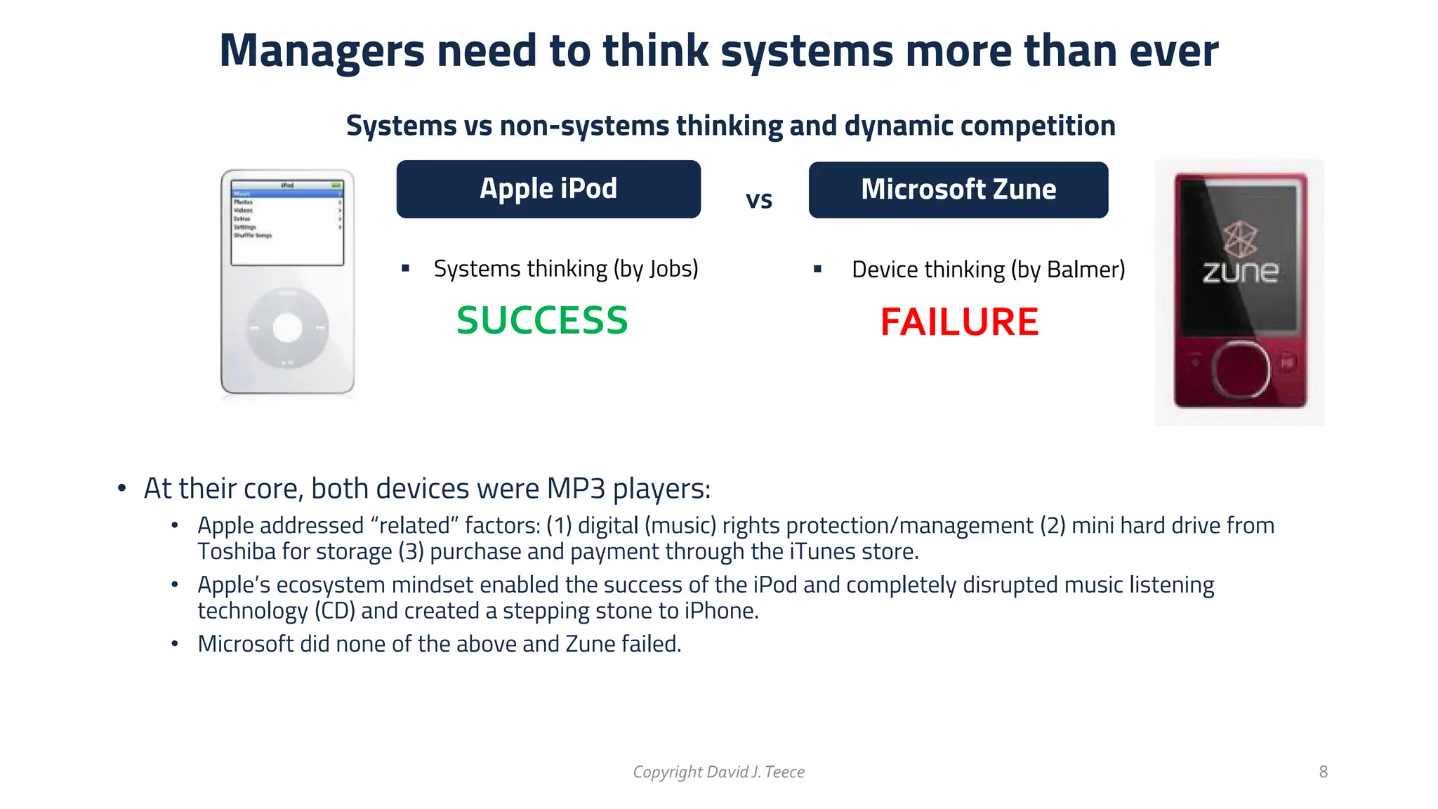  Systems thinking (by Jobs)
Apple iPod
Managers need to think systems more than ever
Copyright DavidJ.Teece 8
• At their core, both devices were MP3 players:
• Apple addressed “related” factors: (1) digital (music) rights protection/management (2) mini hard drive from
Toshiba for storage (3) purchase and payment through the iTunes store.
• Apple’s ecosystem mindset enabled the success of the iPod and completely disrupted music listening
technology (CD) and created a stepping stone to iPhone.
• Microsoft did none of the above and Zune failed.
Microsoft Zune
 Device thinking (by Balmer)
vs
Systems vs non-systems thinking and dynamic competition
SUCCESS FAILURE
 