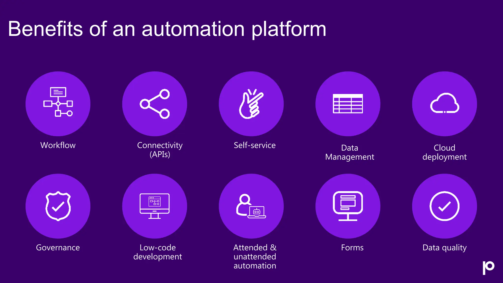 Benefits of an automation platform
Workflow Connectivity
(APIs)
Self-service
Governance Low-code
development
Attended &
unattended
automation
Forms
Data
Management
Data quality
Cloud
deployment
 
