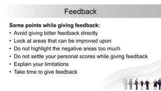 Feedback
Some points while giving feedback:
• Avoid giving bitter feedback directly
• Look at areas that can be improved upon
• Do not highlight the negative areas too much
• Do not settle your personal scores while giving feedback
• Explain your limitations
• Take time to give feedback
 