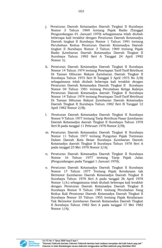 103
j. Peraturan Daerah Kotamadya Daerah Tingkat II Surabaya
Nomor 3 Tahun 1969 tentang Pajak Radio (Tanggal
Pengundangan 01 Januari 1970) sebagaimana telah diubah
beberapa kali terakhir dengan Peraturan Daerah Kotamadya
Daerah tingkat II Surabaya Nomor 1 Tahun 1991 tentang
Perubahan Kedua Peraturan Daerah Kotamadya Daerah
tingkat II Surabaya Nomor 3 Tahun 1969 tentang Pajak
Radio (Lembaran Daerah Kotamadya Daerah Tingkat II
Surabaya Tahun 1992 Seri A Tanggal 24 April 1992
Nomor 1);
k. Peraturan Daerah Kotamadya Daerah Tingkat II Surabaya
Nomor 14 Tahun 1974 tentang Penetapan Tarif-Tarif Retribusi
Di Taman Hiburan Rakyat (Lembaran Daerah Tingkat II
Surabaya Tahun 1975 Seri B Tanggal 2 April 1975 No 3/B)
sebagaimana telah diubah beberapa kali terakhir dengan
Peraturan Daerah Kotamadya Daerah Tingkat II Surabaya
Nomor 04 Tahun 1981 tentang Perubahan Ketiga Kalinya
Peraturan Daerah Kotamadya daerah Tingkat II Surabaya
Nomor 14 Tahun 1974 tentang Penetapan Tarif-Tarif Retribusi
Di Taman Hiburan Rakyat (Lembaran Daerah Kotamadya
Daerah Tingkat II Surabaya Tahun 1982 Seri B Tanggal 12
April 1982 Nomor 2/B);
l. Peraturan Daerah Kotamadya Daerah Tingkat II Surabaya
Nomor 9 Tahun 1977 tentang Tarip Retribusi Pasar (Lembaran
Daerah Kotamadya daerah Tingkat II Surabaya Tahun 1978
Seri B pada tanggal 11 Pebruari 1978 Nomor 2/B);
m. Peraturan Daerah Kotamadya Daerah Tingkat II Surabaya
Nomor 11 Tahun 1977 tentang Pungutan Pajak Tontonan
Dalam Daerah Kota Besar Surabaya (Lembaran Daerah
Kotamadya daerah Tingkat II Surabaya Tahun 1978 Seri A
pada tanggal 23 Mei 1978 Nomor 2/A);
n. Peraturan Daerah Kotamadya Daerah Tingkat II Surabaya
Nomor 16 Tahun 1977 tentang Tarip Pajak Jalan
(Pengundangan pada Tanggal 1 Januari 1970);
o. Peraturan Daerah Kotamadya Daerah Tingkat II Surabaya
Nomor 17 Tahun 1977 Tentang Pajak Kendaraan tak
Bermotor (Lembaran Daerah Kotamadya Daerah Tingkat II
Surabaya Tahun 1978 Seri A pada tanggal 26 April 1978
Nomor 1/A.) sebagaimana telah diubah beberapa kali terakhir
dengan Peraturan Daerah Kotamadya Daerah Tingkat II
Surabaya Nomor 9 Tahun 1981 tentang Perubahan Yang
Kedua Kali Peraturan Daerah Kotamadya Daerah Tingkat II
Surabaya Nomor 35 Tahun 1955 tentang Pajak Kendaraan
Tak Bermotor (Lembaran Daerah Kotamadya Daerah Tingkat
II Surabaya Tahun 1982 Seri A pada tanggal 17 Mei 1982
Nomor 1/A);
 