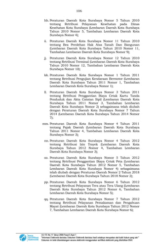 106
hh. Peraturan Daerah Kota Surabaya Nomor 5 Tahun 2010
tentang Retribusi Pelayanan Kesehatan pada Dinas
Kesehatan Kota Surabaya (Lembaran Daerah Kota Surabaya
Tahun 2010 Nomor 5, Tambahan Lembaran Daerah Kota
Surabaya Nomor 4);
ii. Peraturan Daerah Kota Surabaya Nomor 11 Tahun 2010
tentang Bea Perolehan Hak Atas Tanah Dan Bangunan
(Lembaran Daerah Kota Surabaya Tahun 2010 Nomor 11,
Tambahan Lembaran Daerah Kota Surabaya Nomor 9);
jj. Peraturan Daerah Kota Surabaya Nomor 12 Tahun 2010
tentang Retribusi Terminal (Lembaran Daerah Kota Surabaya
Tahun 2010 Nomor 12, Tambahan Lembaran Daerah Kota
Surabaya Nomor 10);
kk. Peraturan Daerah Kota Surabaya Nomor 1 Tahun 2011
tentang Retribusi Pengujian Kendaraan Bermotor (Lembaran
Daerah Kota Surabaya Tahun 2011 Nomor 1, Tambahan
Lembaran Daerah Kota Surabaya Nomor 1);
ll. Peraturan Daerah Kota Surabaya Nomor 3 Tahun 2011
tentang Retribusi Penggantian Biaya Cetak Kartu Tanda
Penduduk dan Akta Catatan Sipil (Lembaran Daerah Kota
Surabaya Tahun 2011 Nomor 3, Tambahan Lembaran
Daerah Kota Surabaya Nomor 2) sebagaimana telah diubah
dengan Peraturan Daerah Kota Surabaya Nomor 7 Tahun
2014 (Lembaran Daerah Kota Surabaya Tahun 2014 Nomor
7);
mm. Peraturan Daerah Kota Surabaya Nomor 4 Tahun 2011
tentang Pajak Daerah (Lembaran Daerah Kota Surabaya
Tahun 2011 Nomor 4, Tambahan Lembaran Daerah Kota
Surabaya Nomor 3);
nn. Peraturan Daerah Kota Surabaya Nomor 4 Tahun 2012
tentang Retribusi Izin Trayek (Lembaran Daerah Kota
Surabaya Tahun 2012 Nomor 4, Tambahan Lembaran
Daerah Kota Surabaya Nomor 3);
oo. Peraturan Daerah Kota Surabaya Nomor 5 Tahun 2012
tentang Retribusi Penggantian Biaya Cetak Peta (Lembaran
Daerah Kota Surabaya Tahun 2012 Nomor 5, Tambahan
Lembaran Daerah Kota Surabaya Nomor 4) sebagaimana
telah diubah dengan Peraturan Daerah Nomor 2 Tahun 2018
(Lembaran Daerah Kota Surabaya Tahun 2018 Nomor 2);
pp. Peraturan Daerah Kota Surabaya Nomor 6 Tahun 2012
tentang Retribusi Pelayanan Tera atau Tera Ulang (Lembaran
Daerah Kota Surabaya Tahun 2012 Nomor 6, Tambahan
Lembaran Daerah Kota Surabaya Nomor 5);
qq. Peraturan Daerah Kota Surabaya Nomor 7 Tahun 2012
tentang Retribusi Pelayanan Pemakaman dan Pengabuan
Mayat (Lembaran Daerah Kota Surabaya Tahun 2012 Nomor
7, Tambahan Lembaran Daerah Kota Surabaya Nomor 6);
 