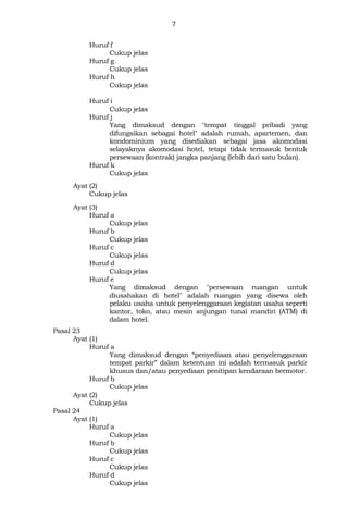 7
Huruf f
Cukup jelas
Huruf g
Cukup jelas
Huruf h
Cukup jelas
Huruf i
Cukup jelas
Huruf j
Yang dimaksud dengan "tempat tinggal pribadi yang
difungsikan sebagai hotel" adalah rumah, apartemen, dan
kondominium yang disediakan sebagai jasa akomodasi
selayaknya akomodasi hotel, tetapi tidak termasuk bentuk
persewaan (kontrak) jangka panjang (lebih dari satu bulan).
Huruf k
Cukup jelas
Ayat (2)
Cukup jelas
Ayat (3)
Huruf a
Cukup jelas
Huruf b
Cukup jelas
Huruf c
Cukup jelas
Huruf d
Cukup jelas
Huruf e
Yang dimaksud dengan "persewaan ruangan untuk
diusahakan di hotel" adalah ruangan yang disewa oleh
pelaku usaha untuk penyelenggaraan kegiatan usaha seperti
kantor, toko, atau mesin anjungan tunai mandiri (ATM) di
dalam hotel.
Pasal 23
Ayat (1)
Huruf a
Yang dimaksud dengan “penyediaan atau penyelenggaraan
tempat parkir” dalam ketentuan ini adalah termasuk parkir
khusus dan/atau penyediaan penitipan kendaraan bermotor.
Huruf b
Cukup jelas
Ayat (2)
Cukup jelas
Pasal 24
Ayat (1)
Huruf a
Cukup jelas
Huruf b
Cukup jelas
Huruf c
Cukup jelas
Huruf d
Cukup jelas
 