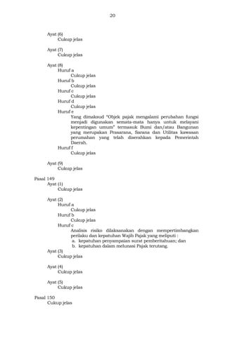 20
Ayat (6)
Cukup jelas
Ayat (7)
Cukup jelas
Ayat (8)
Huruf a
Cukup jelas
Huruf b
Cukup jelas
Huruf c
Cukup jelas
Huruf d
Cukup jelas
Huruf e
Yang dimaksud “Objek pajak mengalami perubahan fungsi
menjadi digunakan semata-mata hanya untuk melayani
kepentingan umum” termasuk Bumi dan/atau Bangunan
yang merupakan Prasarana, Sarana dan Utilitas kawasan
perumahan yang telah diserahkan kepada Pemerintah
Daerah.
Huruf f
Cukup jelas
Ayat (9)
Cukup jelas
Pasal 149
Ayat (1)
Cukup jelas
Ayat (2)
Huruf a
Cukup jelas
Huruf b
Cukup jelas
Huruf c
Analisis risiko dilaksanakan dengan mempertimbangkan
perilaku dan kepatuhan Wajib Pajak yang meliputi :
a. kepatuhan penyampaian surat pemberitahuan; dan
b. kepatuhan dalam melunasi Pajak terutang.
Ayat (3)
Cukup jelas
Ayat (4)
Cukup jelas
Ayat (5)
Cukup jelas
Pasal 150
Cukup jelas
 