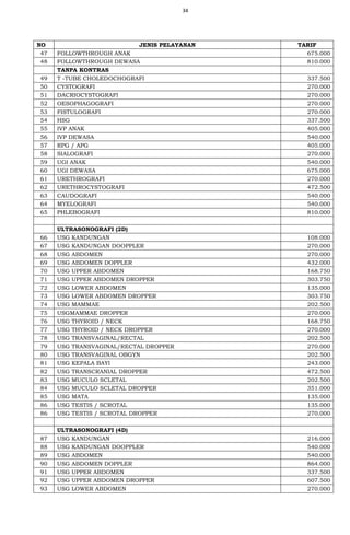 34
NO JENIS PELAYANAN TARIF
47 FOLLOWTHROUGH ANAK 675.000
48 FOLLOWTHROUGH DEWASA 810.000
TANPA KONTRAS
49 T -TUBE CHOLEDOCHOGRAFI 337.500
50 CYSTOGRAFI 270.000
51 DACRIOCYSTOGRAFI 270.000
52 OESOPHAGOGRAFI 270.000
53 FISTULOGRAFI 270.000
54 HSG 337.500
55 IVP ANAK 405.000
56 IVP DEWASA 540.000
57 RPG / APG 405.000
58 SIALOGRAFI 270.000
59 UGI ANAK 540.000
60 UGI DEWASA 675.000
61 URETHROGRAFI 270.000
62 URETHROCYSTOGRAFI 472.500
63 CAUDOGRAFI 540.000
64 MYELOGRAFI 540.000
65 PHLEBOGRAFI 810.000
ULTRASONOGRAFI (2D)
66 USG KANDUNGAN 108.000
67 USG KANDUNGAN DOOPPLER 270.000
68 USG ABDOMEN 270.000
69 USG ABDOMEN DOPPLER 432.000
70 USG UPPER ABDOMEN 168.750
71 USG UPPER ABDOMEN DROPPER 303.750
72 USG LOWER ABDOMEN 135.000
73 USG LOWER ABDOMEN DROPPER 303.750
74 USG MAMMAE 202.500
75 USGMAMMAE DROPPER 270.000
76 USG THYROID / NECK 168.750
77 USG THYROID / NECK DROPPER 270.000
78 USG TRANSVAGINAL/RECTAL 202.500
79 USG TRANSVAGINAL/RECTAL DROPPER 270.000
80 USG TRANSVAGINAL OBGYN 202.500
81 USG KEPALA BAYI 243.000
82 USG TRANSCRANIAL DROPPER 472.500
83 USG MUCULO SCLETAL 202.500
84 USG MUCULO SCLETAL DROPPER 351.000
85 USG MATA 135.000
86 USG TESTIS / SCROTAL 135.000
86 USG TESTIS / SCROTAL DROPPER 270.000
ULTRASONOGRAFI (4D)
87 USG KANDUNGAN 216.000
88 USG KANDUNGAN DOOPPLER 540.000
89 USG ABDOMEN 540.000
90 USG ABDOMEN DOPPLER 864.000
91 USG UPPER ABDOMEN 337.500
92 USG UPPER ABDOMEN DROPPER 607.500
93 USG LOWER ABDOMEN 270.000
 
