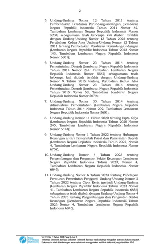 2
5. Undang-Undang Nomor 12 Tahun 2011 tentang
Pembentukan Peraturan Perundang-undangan (Lembaran
Negara Republik Indonesia Tahun 2011 Nomor 82,
Tambahan Lembaran Negara Republik Indonesia Nomor
5234) sebagaimana telah beberapa kali diubah terakhir
dengan Undang-Undang Nomor 13 Tahun 2022 tentang
Perubahan Kedua Atas Undang-Undang Nomor 12 Tahun
2011 tentang Pembetukan Peraturan Perundang-undangan
(Lembaran Negara Republik Indonesia Tahun 2022 Nomor
143, Tambahan Lembaran Negara Republik Indonesia
Nomor 6801);
6. Undang-Undang Nomor 23 Tahun 2014 tentang
Pemerintahan Daerah (Lembaran Negara Republik Indonesia
Tahun 2014 Nomor 244, Tambahan Lembaran Negara
Republik Indonesia Nomor 5587) sebagaimana telah
beberapa kali diubah terakhir dengan Undang-Undang
Nomor 9 Tahun 2015 tentang Perubahan Kedua Atas
Undang-Undang Nomor 23 Tahun 2014 tentang
Pemerintahan Daerah (Lembaran Negara Republik Indonesia
Tahun 2015 Nomor 58, Tambahan Lembaran Negara
Republik Indonesia Nomor 5679);
7. Undang-Undang Nomor 30 Tahun 2014 tentang
Administrasi Pemerintahan (Lembaran Negara Republik
Indonesia Tahun 2014 Nomor 292, Tambahan Lembaran
Negara Republik Indonesia Nomor 5601);
8. Undang-Undang Nomor 11 Tahun 2020 tentang Cipta Kerja
(Lembaran Negara Republik Indonesia Tahun 2020 Nomor
245, Tambahan Lembaran Negara Republik Indonesia
Nomor 6573);
9. Undang-Undang Nomor 1 Tahun 2022 tentang Hubungan
Keuangan antara Pemerintah Pusat dan Pemerintah Daerah
(Lembaran Negara Republik Indonesia Tahun 2022, Nomor
4, Tambahan Lembaran Negara Republik Indonesia Nomor
6757);
10. Undang-Undang Nomor 4 Tahun 2023 tentang
Pengembangan dan Penguatan Sektor Keuangan (Lembaran
Negara Republik Indonesia Tahun 2023, Nomor 4,
Tambahan Lembaran Negara Republik Indonesia Nomor
6845);
11. Undang-Undang Nomor 6 Tahun 2023 tentang Penetapan
Peraturan Pemerintah Pengganti Undang-Undang Nomor 2
Tahun 2022 tentang Cipta Kerja menjadi Undang-Undang
(Lembaran Negara Republik Indonesia Tahun 2023 Nomor
41, Tambahan Lembaran Negara Republik Indonesia 6856)
sebagaimana telah diubah dengan Undang-Undang Nomor 4
Tahun 2023 tentang Pengembangan dan Penguatan Sektor
Keuangan ((Lembaran Negara Republik Indonesia Tahun
2023 Nomor 4, Tambahan Lembaran Negara Republik
Indonesia 6845);
 