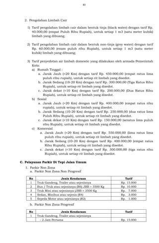83
2. Pengolahan Limbah Cair
1) Tarif pengolahan limbah cair dalam bentuk tinja (black water) dengan tarif Rp.
40.000,00 (empat Puluh Ribu Rupiah), untuk setiap 1 m3 (satu meter kubik)
limbah yang dibuang;
2) Tarif pengolahan limbah cair dalam bentuk non-tinja (grey water) dengan tarif
Rp. 60.000,00 (enam puluh ribu Rupiah), untuk setiap 1 m3 (satu meter
kubik) limbah yang dibuang;
3) Tarif penyedotan air limbah domestic yang dilakukan oleh armada Pemerintah
Kota:
a) Rumah Tinggal :
a. Jarak Jauh (>20 Km) dengan tarif Rp. 450.000,00 (empat ratus lima
puluh ribu rupiah), untuk setiap rit limbah yang disedot.
b. Jarak Sedang (10-20 Km) dengan tarif Rp. 300.000,00 (Tiga Ratus Ribu
Rupiah), untuk setiap rit limbah yang disedot.
c. Jarak dekat (<10 Km) dengan tarif Rp. 200.000,00 (Dua Ratus Ribu
Rupiah), untuk setiap rit limbah yang disedot.
b) Sosial
a. Jarak Jauh (>20 Km) dengan tarif Rp. 400.000,00 (empat ratus ribu
rupiah), untuk setiap rit limbah yang disedot.
b. Jarak Sedang (10-20 Km) dengan tarif Rp. 250.000,00 (dua ratus lima
Puluh Ribu Rupiah), untuk setiap rit limbah yang disedot.
c. Jarak dekat (<10 Km) dengan tarif Rp. 150.000,00 (seratus lima puluh
ribu Rupiah), untuk setiap rit limbah yang disedot.
c) Komersial
a. Jarak Jauh (>20 Km) dengan tarif Rp. 550.000,00 (lima ratus lima
puluh ribu rupiah), untuk setiap rit limbah yang disedot.
b. Jarak Sedang (10-20 Km) dengan tarif Rp. 400.000,00 (empat ratus
Ribu Rupiah), untuk setiap rit limbah yang disedot.
c. Jarak dekat (<10 Km) dengan tarif Rp. 300.000,00 (tiga ratus ribu
Rupiah), untuk setiap rit limbah yang disedot.
C. Pelayanan Parkir Di Tepi Jalan Umum
1. Parkir Non Zona
a. Parkir Non Zona Non Progresif
No Jenis Kendaraan Tarif
1 Truk Gandeng, Trailer atau sejenisnya Rp. 15.000
2 Bus / Truk atau sejenisnya (R6) JBB > 3500 Kg Rp. 10.000
3 Truk Mini atau sejenisnya (JBB < 3500 Kg Rp. 7.000
4 Sedan, Minibus atau sejenis (R4) Rp. 3.000
5 Sepeda Motor atau sejenisnya (R2) Rp. 1.000
b. Parkir Non Zona Progresif
No Jenis Kendaraan Tarif
1 Truk Gandeng, Trailer atau sejenisnya
- 2 Jam Pertama Rp. 15.000
 