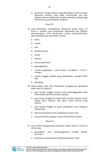 23
d. konsumsi Tenaga Listrik yang dihasilkan sendiri dengan
kapasitas tertentu yang tidak memerlukan izin dari
instansi teknis terkait atau dengan kapasitas paling tinggi
50 kVA (lima puluh kilovolt-ampere).
Pasal 22
(1) Jasa Perhotelan sebagaimana dimaksud dalam Pasal 19
huruf c meliputi jasa penyediaan akomodasi dan fasilitas
penunjangnya, serta penyewaan ruang rapat/pertemuan
pada penyedia jasa perhotelan seperti:
a. hotel;
b. hostel;
c. vila;
d. pondok wisata;
e. motel;
f. losmen;
g. wisma pariwisata;
h. pesanggrahan;
i. rumah penginapan / guest house / bungalow / resort /
cottage;
j. tempat tinggal pribadi yang difungsikan sebagai hotel;
dan
k. glamping.
(2) Dikecualikan dari Jasa Perhotelan sebagaimana dimaksud
pada ayat (1) meliputi:
a. jasa tempat tinggal asrama yang diselenggarakan oleh
Pemerintah atau Pemerintah Daerah;
b. jasa tempat tinggal di rumah sakit, asrama perawat, panti
jompo, panti asuhan, dan panti sosial lainnya yang
sejenis;
c. jasa tempat tinggal di pusat pendidikan atau kegiatan
keagamaan;
d. jasa biro perjalanan atau perjalanan wisata; dan
e. jasa persewaan ruangan untuk diusahakan di hotel.
Pasal 23
(1) Jasa Parkir sebagaimana dimaksud dalam Pasal 19 huruf d
terdiri atas :
a. penyediaan atau penyelenggaraan tempat parkir;
dan/atau
b. pelayanan memarkirkan kendaraan (parkir valet).
 