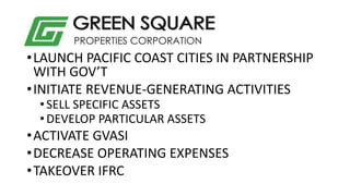 •LAUNCH PACIFIC COAST CITIES IN PARTNERSHIP
WITH GOV’T
•INITIATE REVENUE-GENERATING ACTIVITIES
•SELL SPECIFIC ASSETS
•DEVE...