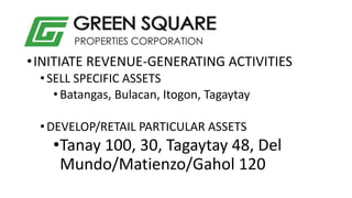 •INITIATE REVENUE-GENERATING ACTIVITIES
•SELL SPECIFIC ASSETS
•Batangas, Bulacan, Itogon, Tagaytay
•DEVELOP/RETAIL PARTICU...