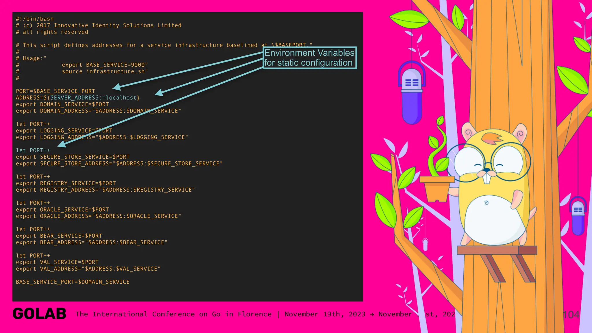 104
#!/bin/bash
# (c) 2017 Innovative Identity Solutions Limited
# all rights reserved
# This script defines addresses for a service infrastructure baselined at $BASEPORT."
#
# Usage:"
# export BASE_SERVICE=9000"
# source infrastructure.sh"
#
PORT=$BASE_SERVICE_PORT
ADDRESS=${SERVER_ADDRESS:=localhost}
export DOMAIN_SERVICE=$PORT
export DOMAIN_ADDRESS="$ADDRESS:$DOMAIN_SERVICE"
let PORT++
export LOGGING_SERVICE=$PORT
export LOGGING_ADDRESS="$ADDRESS:$LOGGING_SERVICE"
let PORT++
export SECURE_STORE_SERVICE=$PORT
export SECURE_STORE_ADDRESS="$ADDRESS:$SECURE_STORE_SERVICE"
let PORT++
export REGISTRY_SERVICE=$PORT
export REGISTRY_ADDRESS="$ADDRESS:$REGISTRY_SERVICE"
let PORT++
export ORACLE_SERVICE=$PORT
export ORACLE_ADDRESS="$ADDRESS:$ORACLE_SERVICE"
let PORT++
export BEAR_SERVICE=$PORT
export BEAR_ADDRESS="$ADDRESS:$BEAR_SERVICE"
let PORT++
export VAL_SERVICE=$PORT
export VAL_ADDRESS="$ADDRESS:$VAL_SERVICE"
BASE_SERVICE_PORT=$DOMAIN_SERVICE
Environment Variables
for static configuration
 