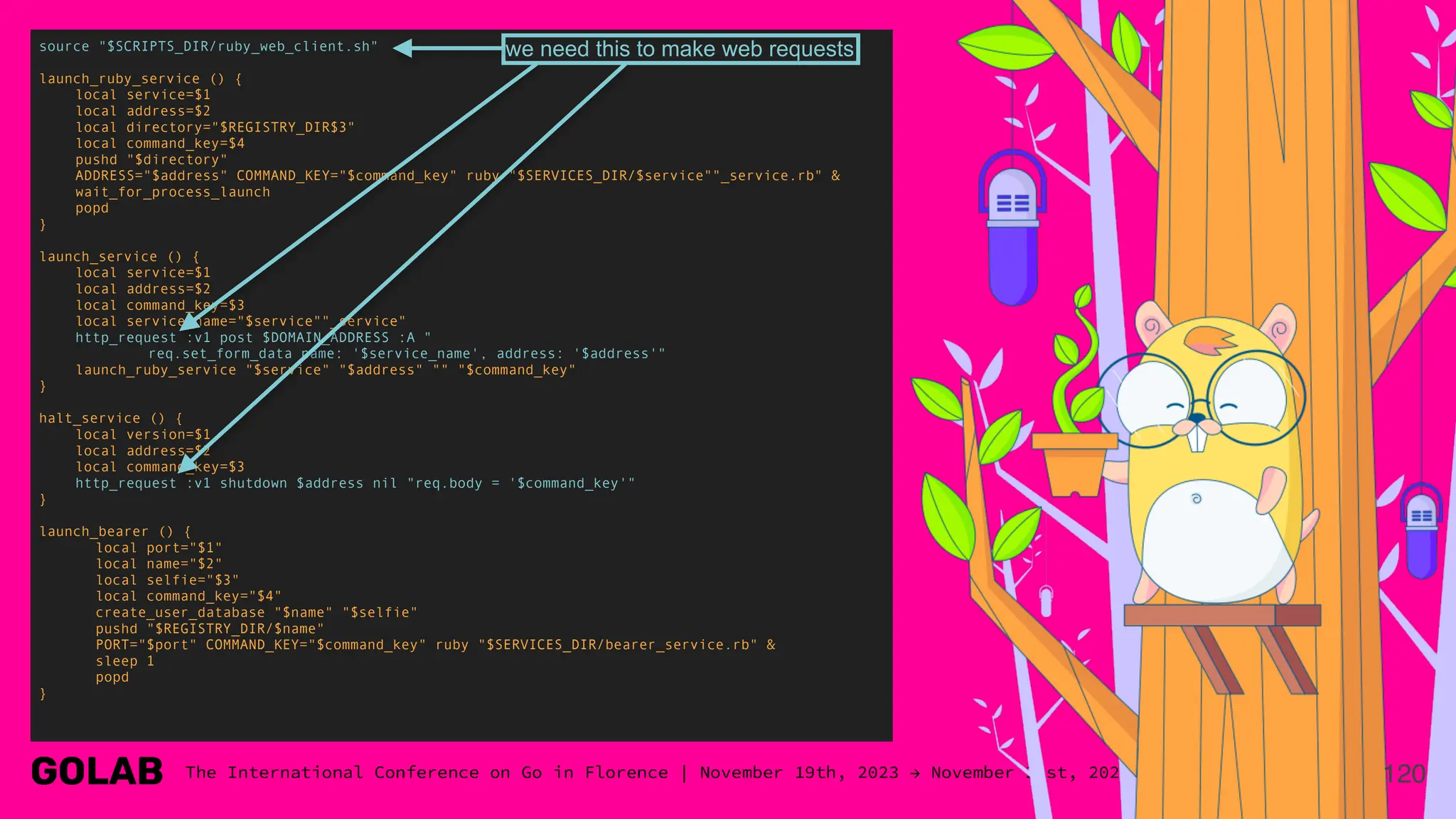 120
source "$SCRIPTS_DIR/ruby_web_client.sh"
launch_ruby_service () {
local service=$1
local address=$2
local directory="$REGISTRY_DIR$3"
local command_key=$4
pushd "$directory"
ADDRESS="$address" COMMAND_KEY="$command_key" ruby "$SERVICES_DIR/$service""_service.rb" &
wait_for_process_launch
popd
}
launch_service () {
local service=$1
local address=$2
local command_key=$3
local service_name="$service""_service"
http_request :v1 post $DOMAIN_ADDRESS :A "
req.set_form_data name: '$service_name', address: '$address'"
launch_ruby_service "$service" "$address" "" "$command_key"
}
halt_service () {
local version=$1
local address=$2
local command_key=$3
http_request :v1 shutdown $address nil "req.body = '$command_key'"
}
launch_bearer () {
local port="$1"
local name="$2"
local selfie="$3"
local command_key="$4"
create_user_database "$name" "$selfie"
pushd "$REGISTRY_DIR/$name"
PORT="$port" COMMAND_KEY="$command_key" ruby "$SERVICES_DIR/bearer_service.rb" &
sleep 1
popd
}
we need this to make web requests
 