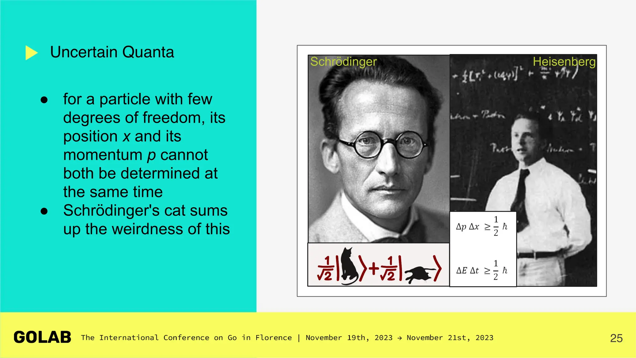 25
● for a particle with few
degrees of freedom, its
position x and its
momentum p cannot
both be determined at
the same time
● Schrödinger's cat sums
up the weirdness of this
Uncertain Quanta
Heisenberg
Schrödinger
 