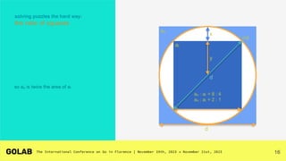 16
y
πd
d
x
ao : ai = 8 : 4
ao : ai = 2 : 1
ai
ao
solving puzzles the hard way:
the ratio of squares
so ao is twice the area of ai
d
 