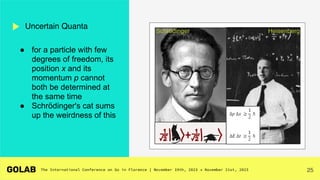 25
● for a particle with few
degrees of freedom, its
position x and its
momentum p cannot
both be determined at
the same time
● Schrödinger's cat sums
up the weirdness of this
Uncertain Quanta
Heisenberg
Schrödinger
 