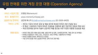 유럽 판매를 위한 계정 운영 대행 (Operation Agency)
36
서비스 사업자 명| 모멘텀 (Momentum)
회사 홈페이지|
담당자 및 연락처|
www.momentumkorea.com
성민혁 매니저 (info...