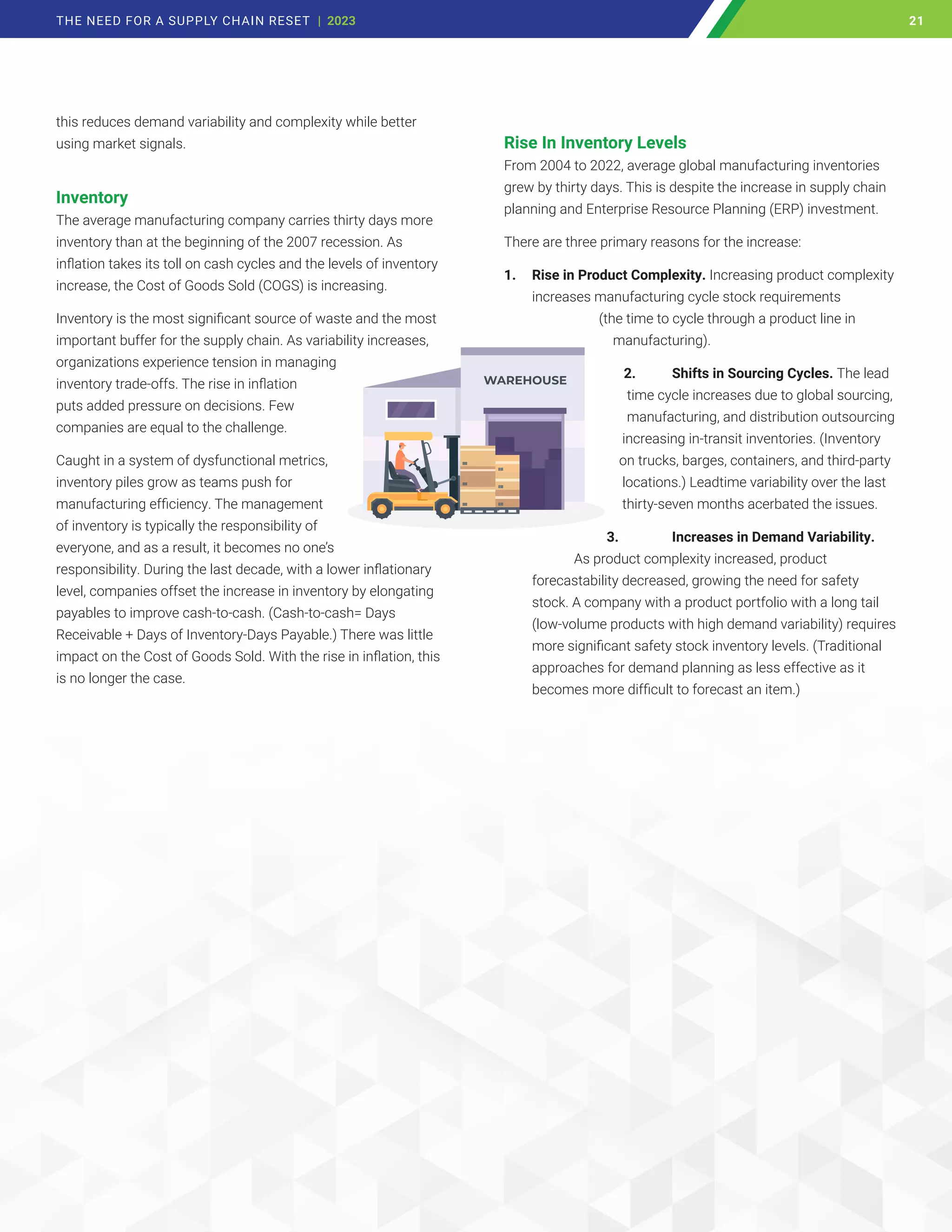this reduces demand variability and complexity while better
using market signals.
Inventory
The average manufacturing company carries thirty days more
inventory than at the beginning of the 2007 recession. As
inflation takes its toll on cash cycles and the levels of inventory
increase, the Cost of Goods Sold (COGS) is increasing.
Inventory is the most significant source of waste and the most
important buffer for the supply chain. As variability increases,
organizations experience tension in managing
inventory trade-offs. The rise in inflation
puts added pressure on decisions. Few
companies are equal to the challenge.
Caught in a system of dysfunctional metrics,
inventory piles grow as teams push for
manufacturing efficiency. The management
of inventory is typically the responsibility of
everyone, and as a result, it becomes no one’s
responsibility. During the last decade, with a lower inflationary
level, companies offset the increase in inventory by elongating
payables to improve cash-to-cash. (Cash-to-cash= Days
Receivable + Days of Inventory-Days Payable.) There was little
impact on the Cost of Goods Sold. With the rise in inflation, this
is no longer the case.
Rise In Inventory Levels
From 2004 to 2022, average global manufacturing inventories
grew by thirty days. This is despite the increase in supply chain
planning and Enterprise Resource Planning (ERP) investment.
There are three primary reasons for the increase:
1. Rise in Product Complexity. Increasing product complexity
increases manufacturing cycle stock requirements
(the time to cycle through a product line in
manufacturing).
2. Shifts in Sourcing Cycles. The lead
time cycle increases due to global sourcing,
manufacturing, and distribution outsourcing
increasing in-transit inventories. (Inventory
on trucks, barges, containers, and third-party
locations.) Leadtime variability over the last
thirty-seven months acerbated the issues.
3. Increases in Demand Variability.
As product complexity increased, product
forecastability decreased, growing the need for safety
stock. A company with a product portfolio with a long tail
(low-volume products with high demand variability) requires
more significant safety stock inventory levels. (Traditional
approaches for demand planning as less effective as it
becomes more difficult to forecast an item.)
21
THE NEED FOR A SUPPLY CHAIN RESET | 2023 21
 