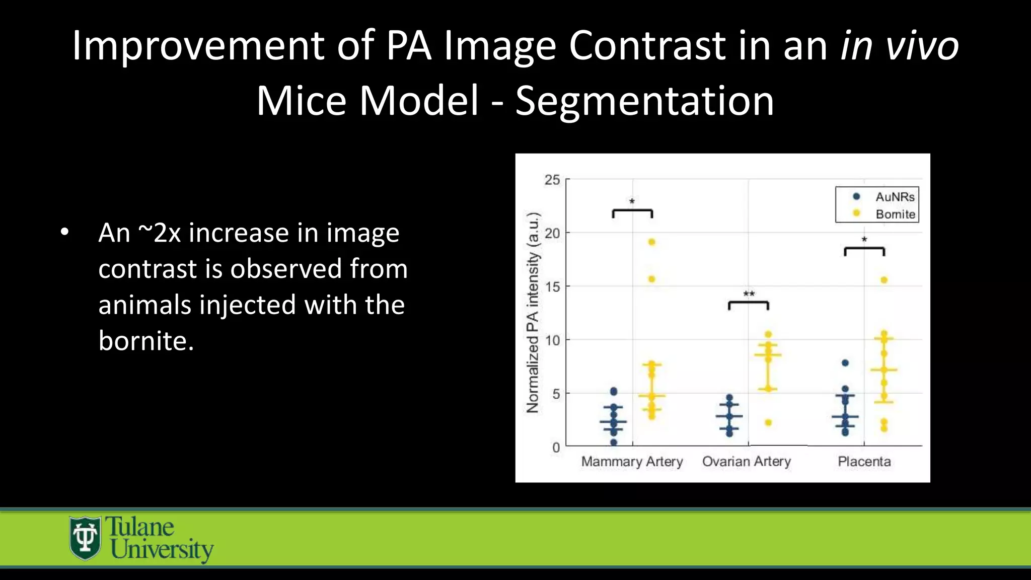 Improvement of PA Image Contrast in an in vivo
Mice Model - Segmentation
• An ~2x increase in image
contrast is observed from
animals injected with the
bornite.
Novel NC
 