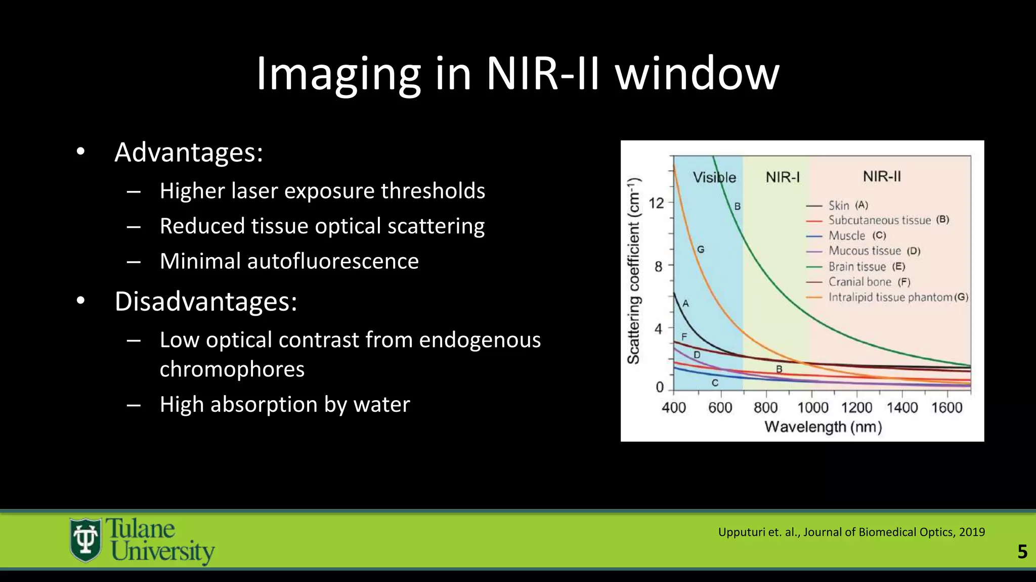 Imaging in NIR-II window
5
• Advantages:
– Higher laser exposure thresholds
– Reduced tissue optical scattering
– Minimal autofluorescence
• Disadvantages:
– Low optical contrast from endogenous
chromophores
– High absorption by water
Upputuri et. al., Journal of Biomedical Optics, 2019
 