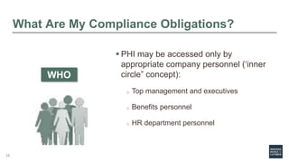 What Are My Compliance Obligations?
 PHI may be accessed only by
appropriate company personnel (‘inner
circle” concept):
o Top management and executives
o Benefits personnel
o HR department personnel
WHO
28
 