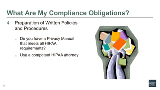 What Are My Compliance Obligations?
4. Preparation of Written Policies
and Procedures
o Do you have a Privacy Manual
that meets all HIPAA
requirements?
o Use a competent HIPAA attorney
29
 
