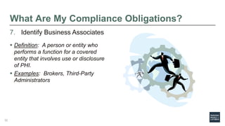 What Are My Compliance Obligations?
7. Identify Business Associates
 Definition: A person or entity who
performs a function for a covered
entity that involves use or disclosure
of PHI.
 Examples: Brokers, Third-Party
Administrators
32
 