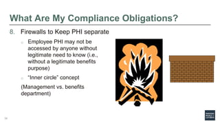What Are My Compliance Obligations?
8. Firewalls to Keep PHI separate
o Employee PHI may not be
accessed by anyone without
legitimate need to know (i.e.,
without a legitimate benefits
purpose)
o “Inner circle” concept
(Management vs. benefits
department)
34
 