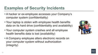 Examples of Security Incidents
 A hacker or ex-employee accesses your Company’s
computer system (confidentiality)
 Your laptop is stolen with employee health benefits
data on its hard drive (confidentiality and availability)
 Your computer system crashes and all employee
health benefits data is lost (availability)
 A Company employee alters electronic records on
your computer system without authorization
(integrity)
53
 
