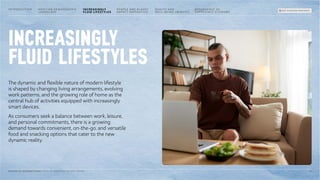 INCREASINGLY
FLUID LIFESTYLES
The dynamic and flexible nature of modern lifestyle
is shaped by changing living arrangements, evolving
work patterns, and the growing role of home as the
central hub of activities equipped with increasingly
smart devices.
As consumers seek a balance between work, leisure,
and personal commitments, there is a growing
demand towards convenient, on-the-go, and versatile
food and snacking options that cater to the new
dynamic reality.
12
MONDELĒZ INTERNATIONAL STATE OF SNACKING: FUTURE TRENDS
INTRODUCTION SHIFTING DEMOGRAPHIC
LANDSCAPE
HEALTH AND
WELL-BEING UBIQUITY
RESURGENCE OF
EXPERIENCE ECONOMY
PEOPLE AND PLANET
IMPACT IMPERATIVE
BACK TO SNACKING TREND RADAR
INCREASINGLY
FLUID LIFESTYLES
 