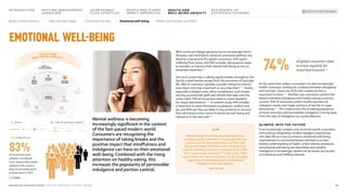 With stress and fatigue growing due to increasingly hectic
lifestyles and information overload, emotional wellness has
become a top priority for global consumers: 47% report
suffering from stress, and 74% consider taking active steps
to maintain or improve their mental well-being as very or
extremely important.126
One such active step is taking regular breaks throughout the
day for a brief mental escape from the pressures of everyday
life. 76% of consumers globally consider taking the time to
slow down and relax important or very important.127 Snacks,
especially indulgent ones, often complement such breaks,
serving as emotional uplift and refresh that help with the
stress relief; 74% of consumers claim to snack regularly
for mood improvement.128 In another study, 61% consider
it important to treat themselves to pleasure, comfort and
joy, and 85% say they are likely to buy products or services
that will enhance their sense of emotional well-being and
relaxation in the next year.129
At the same time, today’s consumers are also increasingly
health-conscious, looking for a balance between indulgence
and nutrition. Seven out of 10 said a balanced diet is
important to them.130 Another way consumers achieve the
balance between indulgence and healthy eating is portion
control: 70% of consumers prefer mindful portions of
indulgent snacks over larger portions of low fat or sugar
alternatives.131 This underscores the increasing popularity
of more conscious and permissible indulgence, moving away
from the view of indulgence as a guilty pleasure.
GLIMPSE INTO THE FUTURE
In an increasingly complex and uncertain world, consumers
will continue integrating mindful indulgent experiences
into daily life as a way to enhance emotional well-being.
Improvement in nutritional literacy will lead to a more
holistic understanding of health, where mental, emotional,
and physical well-being are interlinked, and mindful
indulgence is increasingly viewed not as excess, but as part
of a balanced and fulfilling lifestyle.
Mental wellness is becoming
increasingly significant in the context
of the fast-paced modern world.
Consumers are recognizing the
importance of taking breaks and the
positive impact that mindfulness and
indulgence can have on their emotional
well-being. Combined with the rising
attention on healthy eating, this
increases the popularity of permissible
indulgence and portion control.
Emotional well-being
74% of global consumers claim
to snack regularly for
mood improvement128
When looking for emotional gratification from
indulgent snacks, consumers increasingly take into
consideration the perceived impact on their well-
being and budget. We observe the rising interest
towards ‘glimmers’ and micro-moments of joy (+74%
YoY in social media mentions).132 ‘Little treats’, ‘little
sweet treats’ and ‘bite-sized treats’ are also trending,
suggesting increasing popularity of portioned
indulgent snacks and desserts.
– NEXTATLAS
“”
TREND REACH
WELL-BEING UBIQUITY
HEALTH AND
Sustainable
and ethical
sourcing
Plant-based
and alternative
ingredients
Environmentally
friendly
packaging
Food waste
reduction
Diversity,
equity and
inclusion
Better
nutrition
literacy
Clean and
clear labels
Functional
nutrition
Emotional
well-being
Health and
nutrition quantified
Novel sensorial
experiences
Premium and
artisanal
Brand
storytelling
Escapism and
nostalgia
Experiential
commerce
M
i
d
d
l
e
c
l
a
s
s
e
x
p
a
n
s
i
o
n
C
o
n
v
e
n
i
e
n
c
e
i
m
p
e
r
a
t
i
v
e
S
n
a
c
k
i
fi
c
a
t
i
o
n
T
I
M
E
T
O
M
A
T
E
R
I
A
L
I
M
P
A
C
T
> 10 YEARS
5–10 YEARS
<5 YEARS
TIME TO MATERIAL IMPACT
>10 Years
<5 Years 5–10 Years
IMPACT
Moderate Strong Very Strong
83%
of monitored early
adopters worldwide
have shared information
related to this trend in
their social media posts
at least once in 2023
28
MONDELĒZ INTERNATIONAL STATE OF SNACKING: FUTURE TRENDS
INTRODUCTION SHIFTING DEMOGRAPHIC
LANDSCAPE
INCREASINGLY
FLUID LIFESTYLES
RESURGENCE OF
EXPERIENCE ECONOMY
PEOPLE AND PLANET
IMPACT IMPERATIVE
BACK TO SNACKING TREND RADAR
HEALTH AND
WELL-BEING UBIQUITY
Better nutrition literacy Clean and clear labels Functional nutrition Health and nutrition quantified
Emotional well-being
 