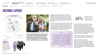 The global population is aging. By 2050, the number of
people above 60 will double to 2.1 billion, representing
22% of the world’s population.9 Today, mature consumers
are healthier and living longer on average than previous
generations.10 Now, more than ever, retirement age marks
the beginning of a new active life stage often referred to as
“Second Life”.
Second Lifers today represent the world’s most affluent age
cohort. Their contribution to global consumption is massive
– mature consumers are projected to spend close to $15
trillion USD by 2030. They are also more physically active,
socially engaged and increasingly digitally savvy: 51% of 60+
consumers make online purchases at least once a month,12
and 42% played online video games at least once.13
This age group wants food that supports healthy
aging and an active lifestyle, putting the spotlight
on balanced nutrition options. Moreover, two
thirds of mature consumers consider getting their
recommended daily allowance of vitamins and minerals
important, contributing to the popularity of functional
nutrition.14 Even though they are a sizable group with
strong purchasing power, the representation of Second
Lifers in advertising is still relatively low, with only 4%
of people over 60 cast in ads globally.15
Indulgence remains an important consideration for
snacking choices, with 68% of consumers over age 58
snacking to pamper, spoil or reward themselves.16
GLIMPSE INTO THE FUTURE
As ranks of Second Lifers grow globally, there will be
more food and snacking products catering to their
needs and preferences, such as balanced nutrition
critical for an active lifestyle and functional ingredients
supporting healthy aging. The face of advertising will
gradually age, especially in countries with a significant
mature population.
As the global population ages, mature
consumers are gaining prominence in
the global consumer market. Brands
will increasingly focus on responding
to their needs, preferences, and tastes.
Second Lifers
TIME TO MATERIAL IMPACT
>10 Years
<5 Years 5–10 Years
68%
of consumers over
age 58 are snacking
to pamper, spoil or
reward themselves16
Mature consumers wield considerable economic
influence, boasting the highest average gross income
among all age groups in 2023.17 They have also
accumulated significant wealth and compose 14%
of the highest-earning social class with the share
projected to grow further.18 Not surprisingly, mature
consumers prioritize health with 65% indicating
‘mental health’ and 55% ‘healthy weight’ as the
primary definition of being healthy.19 Consequently,
50% of mature consumers report that they look for
healthy ingredients in food and beverage products.20
– EUROMONITOR
“”
TREND REACH
IMPACT
Moderate Strong Very Strong
Y
I
N
C
R
E
A
S
I
N
G
L
Y
F
L
U
I
D
L
I
F
E
S
T
Y
L
E
S
SHIFTING DEMOGRAPHIC
LANDSCAPE
Second lifers
Novel sensorial
experiences
Premium and
artisanal
Brand
storytelling
Escapism and
nostalgia
Experiential
commerce
Middle class
expansion
Global mobility and
multiculturalism
Young consumer
cohorts
New living
and working
arrangements
Everyday
smartification and
automation
Convenience
imperative
The new era
of shopping
Snackification
Evolving
household
composition
> 10 YEARS
5–10 YEARS
<5 YEARS
T
I
M
E
T
O
M
A
T
E
R
I
A
L
I
M
P
A
C
T
38%
of monitored early
adopters worldwide
have shared information
related to this trend in
their social media posts
at least once in 2023
7
MONDELĒZ INTERNATIONAL STATE OF SNACKING: FUTURE TRENDS
INTRODUCTION INCREASINGLY
FLUID LIFESTYLES
HEALTH AND
WELL-BEING UBIQUITY
RESURGENCE OF
EXPERIENCE ECONOMY
PEOPLE AND PLANET
IMPACT IMPERATIVE
BACK TO SNACKING TREND RADAR
SHIFTING DEMOGRAPHIC
LANDSCAPE
Middle class expansion Global mobility and multiculturalism Young consumer cohorts
Evolving household composition
Second lifers
 