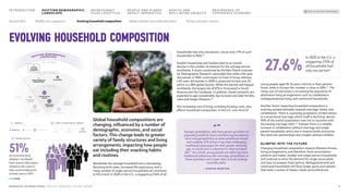 households had only one person, versus only 7.7% of such
households in 1940.27
Smaller households and families lead to an overall
decline in the number of relatives for the average person
worldwide. A study conducted by the Max Planck Institute
for Demographic Research concluded that while a 65-year-
old woman in 1950 could expect to have 41 living relatives,
a 65-year-old woman in 2095 is projected to have just 25,
which is a 38% global decline. While the decline will happen
worldwide, the largest dip of 67% is forecasted in South
America and the Caribbean. In addition, family networks are
expected to age considerably due to lower and later fertility
rates and longer lifespans.28
The increasing cost of living, including housing costs, also
affects household composition. In the U.S., one-third of
young people aged 18-34 years still live in their parents’
home, while in Europe this number is close to 50%.29 The
rising cost of real estate is increasing the popularity of
alternative living arrangements such as cohabitation,
multigenerational living, and communal households.
Another factor impacting household composition is
evolving societal attitudes towards marriage, family, and
cohabitation. There is a growing acceptance of alternatives
to conventional marriage, which itself is declining: almost
90% of the world’s population now live in countries with
decreasing marriage rates.30 Instead, there is a notable
increase in cohabitation without marriage and single-
parent households, and a rise in diverse family structures
like same-sex partnerships and couples without children.
GLIMPSE INTO THE FUTURE
Changing household composition impacts lifestyle choices,
living arrangements, and therefore, food consumption
patterns and habits. Smaller and single-person households
will continue to drive the demand for single-serve packs
and easy-to-prepare food options. Multigenerational and
communal households will favor larger packs and options
that meet a variety of dietary needs and preferences.
Global household compositions are
changing, influenced by a number of
demographic, economic, and social
factors. This change leads to greater
variety of family structures and living
arrangements, impacting how people
eat including their snacking habits
and routines.
Evolving household composition
27.6%
In 2020 in the U.S., a
staggering 27.6% of
all households had
only one person27
Younger generations, who have grown up within an
expanding world of choice and blurring boundaries,
have new perspectives on what adulthood should
and could be. 47% of Gen Z say that challenging
traditional stereotypes for their gender, ethnicity,
age, or social class is important in their personal
life.31 As a result, young people are deferring more
traditional milestones like marriage, parenthood, or
home purchase until a later date, if at all, to forge
novel life paths.
– KANTAR MONITOR
“”
TREND REACH
Y
I
N
C
R
E
A
S
I
N
G
L
Y
F
L
U
I
D
L
I
F
E
S
T
Y
L
E
S
SHIFTING DEMOGRAPHIC
LANDSCAPE
Second lifers
Novel sensorial
experiences
Premium and
artisanal
Brand
storytelling
Escapism and
nostalgia
Experiential
commerce
Middle class
expansion
Global mobility and
multiculturalism
Young consumer
cohorts
New living
and working
arrangements
Everyday
smartification and
automation
Convenience
imperative
The new era
of shopping
Snackification
Evolving
household
composition
> 10 YEARS
5–10 YEARS
<5 YEARS
T
I
M
E
T
O
M
A
T
E
R
I
A
L
I
M
P
A
C
T
TIME TO MATERIAL IMPACT
>10 Years
<5 Years 5–10 Years
IMPACT
Moderate Strong Very Strong
51%
Worldwide the average household size is decreasing.
Declining birth rates, increased life expectancy, and a
rising number of single-person households all contribute
to this trend. In 2020 in the U.S., a staggering 27.6% of all
of monitored early
adopters worldwide
have shared information
related to this trend in
their social media posts
at least once in 2023
9
MONDELĒZ INTERNATIONAL STATE OF SNACKING: FUTURE TRENDS
INTRODUCTION INCREASINGLY
FLUID LIFESTYLES
HEALTH AND
WELL-BEING UBIQUITY
RESURGENCE OF
EXPERIENCE ECONOMY
PEOPLE AND PLANET
IMPACT IMPERATIVE
BACK TO SNACKING TREND RADAR
SHIFTING DEMOGRAPHIC
LANDSCAPE
Middle class expansion Global mobility and multiculturalism Young consumer cohorts
Second lifers Evolving household composition
 