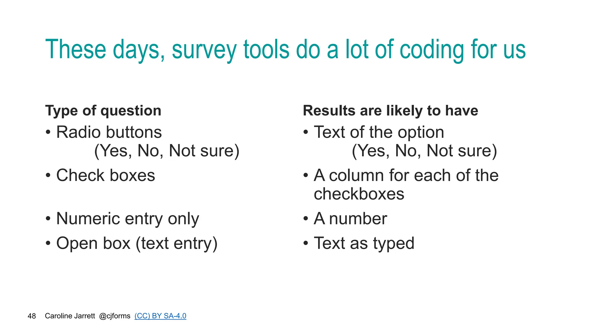 Caroline Jarrett @cjforms (CC) BY SA-4.0
48
These days, survey tools do a lot of coding for us
Type of question
• Radio buttons
(Yes, No, Not sure)
• Check boxes
• Numeric entry only
• Open box (text entry)
Results are likely to have
• Text of the option
(Yes, No, Not sure)
• A column for each of the
checkboxes
• A number
• Text as typed
 