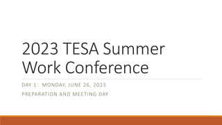 2023 TESA Summer
Work Conference
DAY 1: MONDAY, JUNE 26, 2023
PREPARATION AND MEETING DAY
 