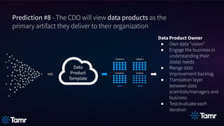 Data
Product
Template
Customers Suppliers
Products
Companies
...
...
Prediction #8 - The CDO will view data products as the
primary artifact they deliver to their organization
Data Product Owner
● Own data “vision”
● Engage the business in
understanding their
(data) needs
● Mange data
improvement backlog
● Translation layer
between data
scientists/managers and
business
● Test/evaluate each
iteration
 