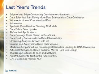 Last Year’s Trends
• Edge AI and Edge Computing Dominate Architectures
• Data Scientists Start Doing More Data Science than Data Cultivation
• Wide Adoption of Containerized Data
• Kubernetes
• Synthetic Data Used for Training AI Models
• Data Fabric Sees Uptake
• AI-Enabled Applications
• Data Catalogs Cross Chasm in Data Stack
• Data Quality Subsumed into Data Observability
• Streaming Analytics Growth with IoT
• Sensors and Automation Drive Data Volume
• Medicine Jumps Shark on Neurological Disorders Leading to DNA Revolution
• Artificial Intelligence, Based on Data, Moves Hard into Design
• That Design Extends to Tech and Software
• AutoML Cements itself as the Future of ML
• GPT-3 Becomes Premier NLP
5
 
