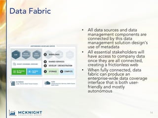 Data Fabric
• All data sources and data
management components are
connected by this data
management solution design's
use of metadata
• All essential stakeholders will
have access to company data
once they are all connected,
creating a frictionless web
• When fully connected, data
fabric can produce an
enterprise-wide data coverage
interface that is both user-
friendly and mostly
autonomous
14
 
