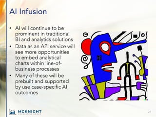 AI Infusion
• AI will continue to be
prominent in traditional
BI and analytics solutions
• Data as an API service will
see...