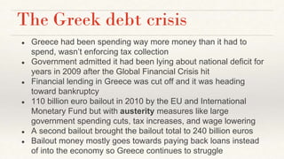 The Greek debt crisis
● Greece had been spending way more money than it had to
spend, wasn’t enforcing tax collection
● Government admitted it had been lying about national deficit for
years in 2009 after the Global Financial Crisis hit
● Financial lending in Greece was cut off and it was heading
toward bankruptcy
● 110 billion euro bailout in 2010 by the EU and International
Monetary Fund but with austerity measures like large
government spending cuts, tax increases, and wage lowering
● A second bailout brought the bailout total to 240 billion euros
● Bailout money mostly goes towards paying back loans instead
of into the economy so Greece continues to struggle
 