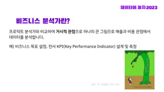 비즈니스 분석가란?
프로덕트 분석가와 비교하여 거시적 관점으로 하나의 큰 그림으로 매출과 비용 관점에서
데이터를 분석합니다.
예) 비즈니스 목표 설정, 전사 KPI(Key Performance Indicator) 설계 및 측정
출처 - 책 <아낌없이 주는 나무>
 