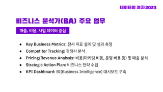 비즈니스 분석가(BA) 주요 업무
● Key Business Metrics: 전사 지표 설계 및 성과 측정
● Competitor Tracking: 경쟁사 분석
● Pricing/Revenue Analysis: 비용(마케팅 비용, 운영 비용 등) 및 매출 분석
● Strategic Action Plan: 비즈니스 전략 수립
● KPI Dashboard: BI(Business Intelligence) 대시보드 구축
매출, 비용, 사업 데이터 중심
 