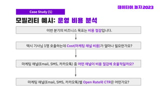 모빌리티 예시: 운영 비용 분석
Case Study (1)
택시 기사님 1명 호출하는데 Cost(마케팅 채널 비용)가 얼마나 필요한가요?
마케팅 채널(Email, SMS, 카카오톡) 중 어떤 채널이 비용 절감에 효율적일까요?
마케팅 채널(Email, SMS, 카카오톡)별 Open Rate와 CTR은 어떤가요?
이번 분기의 비즈니스 목표는 비용 절감입니다.
 