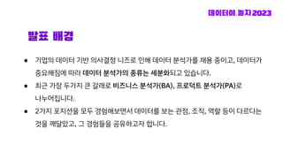 발표 배경
● 기업의 데이터 기반 의사결정 니즈로 인해 데이터 분석가를 채용 중이고, 데이터가
중요해짐에 따라 데이터 분석가의 종류는 세분화되고 있습니다.
● 최근 가장 두가지 큰 갈래로 비즈니스 분석가(BA), 프로덕트 분석가(PA)로
나누어집니다.
● 2가지 포지션을 모두 경험해보면서 데이터를 보는 관점, 조직, 역할 등이 다르다는
것을 깨달았고, 그 경험들을 공유하고자 합니다.
 