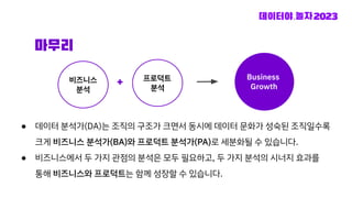 마무리
● 데이터 분석가(DA)는 조직의 구조가 크면서 동시에 데이터 문화가 성숙된 조직일수록
크게 비즈니스 분석가(BA)와 프로덕트 분석가(PA)로 세분화될 수 있습니다.
● 비즈니스에서 두 가지 관점의 분석은 모두 필요하고, 두 가지 분석의 시너지 효과를
통해 비즈니스와 프로덕트는 함께 성장할 수 있습니다.
비즈니스
분석
프로덕트
분석
Business
Growth
✚
,
 