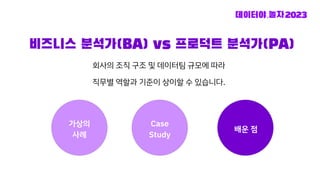 비즈니스 분석가(BA) vs 프로덕트 분석가(PA)
회사의 조직 구조 및 데이터팀 규모에 따라
직무별 역할과 기준이 상이할 수 있습니다.
가상의
사례
Case
Study
배운 점
 