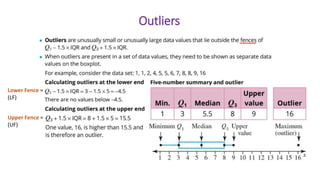 Outliers
Lower Fence =
(LF)
Upper Fence =
(UF)
 