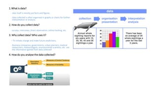 1.What is data?
- data itself is merely just facts and figures.
- data collected is often organised in graphs or charts for further
interpretation or analysis.
2. How do you collect data?
- surveys, interviews, direct observation, online tracking, etc.
3. Why collect data? Who uses it?
- To initiate change and make future predictions.
- Business companies, governments, urban planners, medical
researchers, meteorologists, environmental scientists, etc. use
the information gained from data collected
4. How do you analyse the data collected?
 