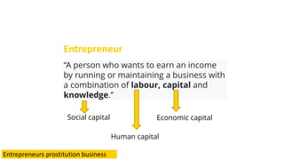 “A person who wants to earn an income
by running or maintaining a business with
a combination of labour, capital and
knowledge.”
Economic capital
Human capital
Social capital
Entrepreneur
Entrepreneurs prostitution business
 