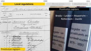 Local regulations
1850 1911
1900
1880
Moral panic Brothel ban
Breda – Leiden – Maastricht –
Rotterdam – Zwolle
Prostitution registers
Prostitution registers
 