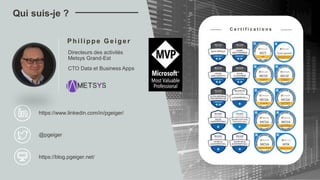 Phi l i ppe Ge i ge r
Qui suis-je ?
C e r t i f i c a t i o n s
Directeurs des activités
Metsys Grand-Est
CTO Data et Business Apps
https://blog.pgeiger.net/
@pgeiger
https://www.linkedin.com/in/pgeiger/
 