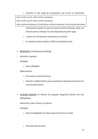 10
o Presenta un alto riesgo de precipitación, por lo que se recomienda
administrarlo a parte. En caso de mezcla con otros fármacos, hacer una
dilución previa e introducir la metoclopramida en primer lugar.
o La dosis oral, intravenosa y subcutánea es la misma.
o Es necesario reducir la dosis un 50% en insuficiencia renal.
 OMEPRAZOL  Omeprazol (vial 40mg)
- Indicación: dispepsia
- Posología:
o Dosis: 40mg/24h
- Observaciones:
o No mezclar con otros fármacos
o Disolver en 100ml de SSF y pasar en perfusión subcutánea durante 3-4 en
una única dosis diaria.
 CLORURO MÓRFICO  Morfina 1% (ampolla 10mg/1ml), Morfina 2% (vial
400mg/20ml)
- Indicaciones: dolor, disnea, tos, diarrea.
- Posología:
o Dosis: 0,5mg/kg/día, en 6 dosis (cada 4 horas) si es en bolo.
o No existe límite de dosis.
Dosis morfina oral /2 = Dosis morfina subcutánea
Dosis morfina oral /3= Dosis morfina intravenosa
Dosis morfina intravenosa + 1/3 extra (dosis morfina intravenosa) = Dosis morfina subcutánea
 